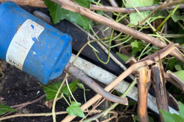 A blue cylindrical object surrounded by twigs and green foliage on the ground.
