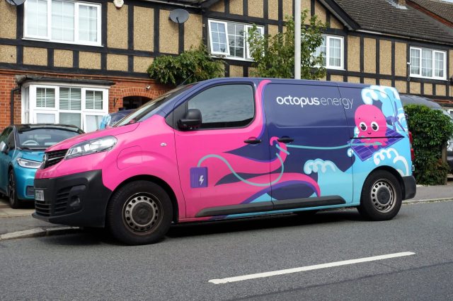 A colorful van with an octopus design parked on a residential street.