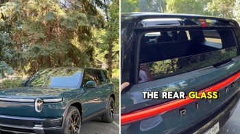 A front view of a Rivian R2 electric vehicle, followed by a picture of its rear window.