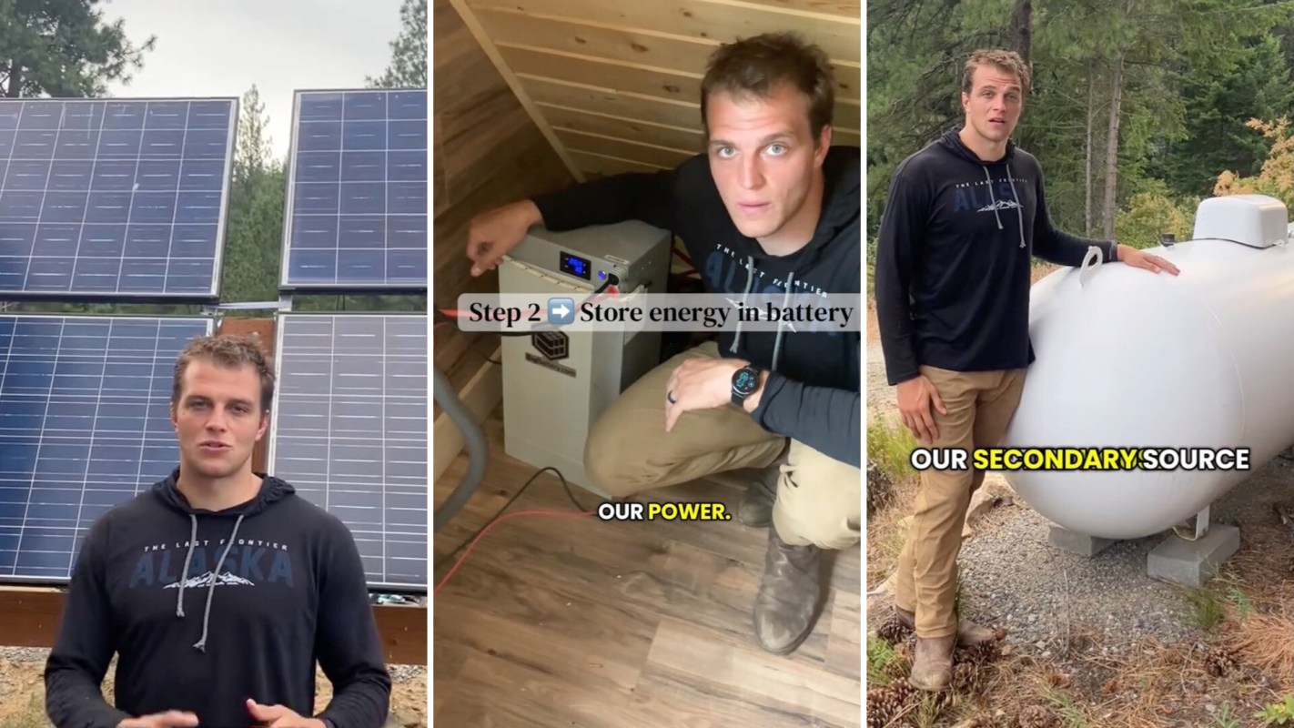 A man showcasing his off-grid setup with solar and battery storage.
