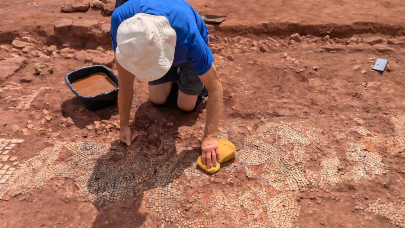 An archaeologist cleans a mosaic floor while kneeling on a dirt excavation site.