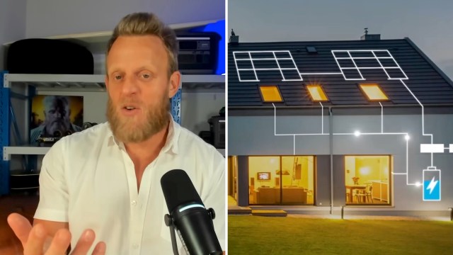 A man showcasing illustrations of renewable energy usage.