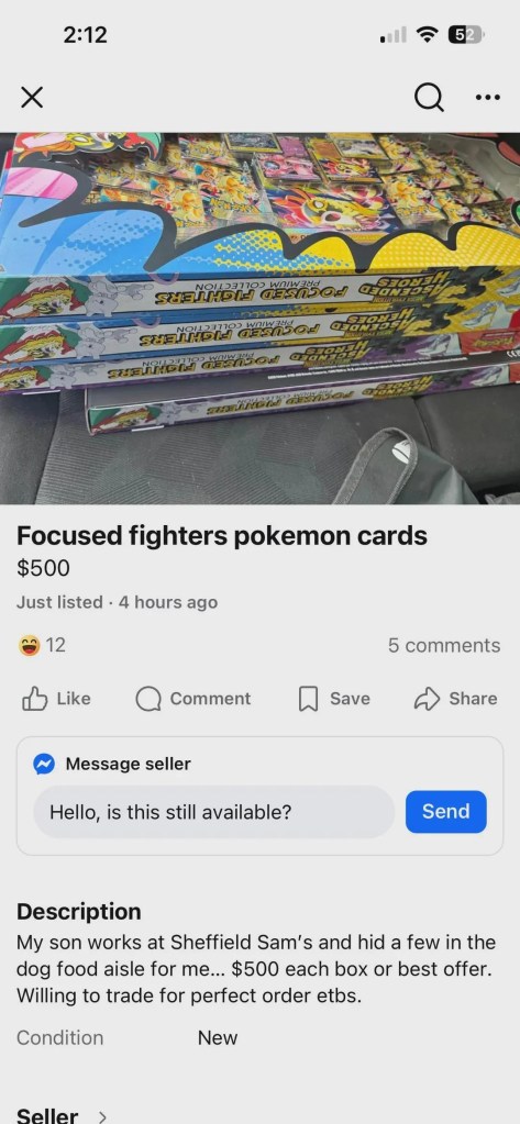 A screenshot from an online marketplace listing Pokémon cards for sale.