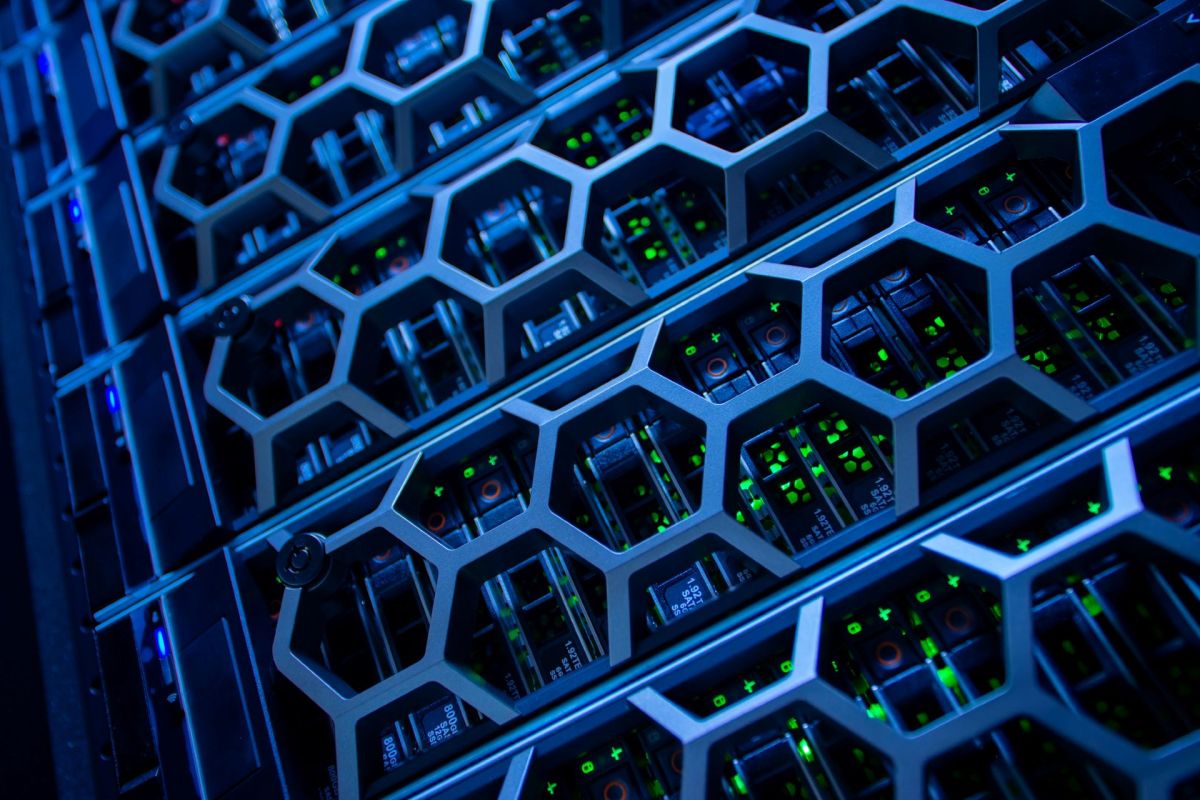 Server racks in a data center.