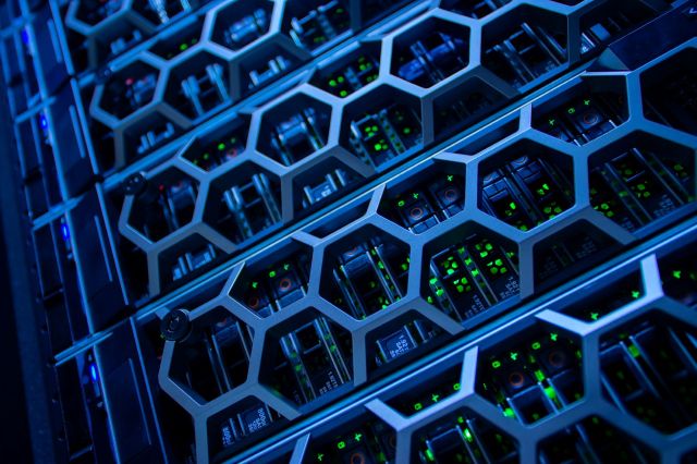 Server racks in a data center.