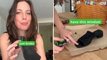 A woman holds a broken shoe while another scene shows her repairing it with glue on a cardboard surface.