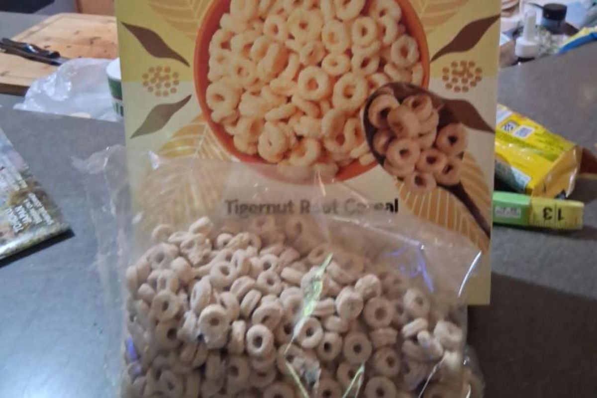 A bag and box of Tigernut Root Cereal displayed on a countertop.