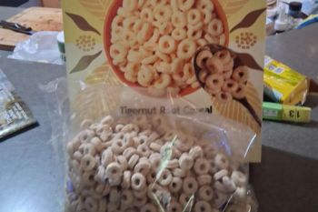 A bag and box of Tigernut Root Cereal displayed on a countertop.