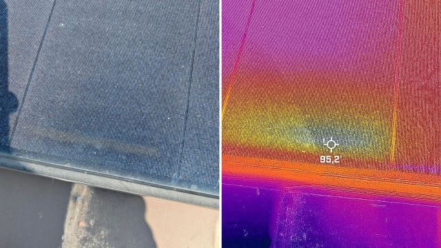 A comparison of a solar panel's surface in normal and thermal imaging, showing temperature variations.