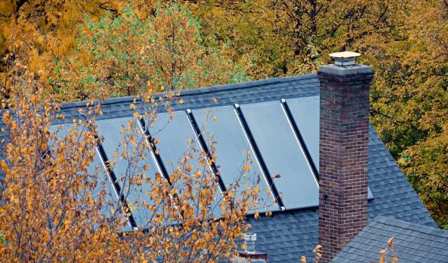 A roof with solar panels surrounded by trees with autumn leaves.