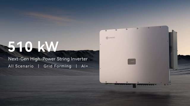 A high-power string inverter displayed against a gradient sky, with specifications listed below.