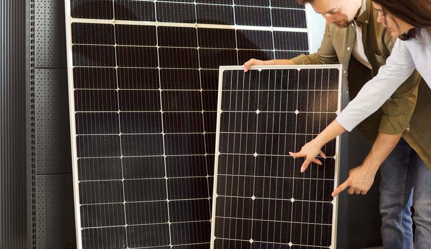 A man and woman examining solar panels.