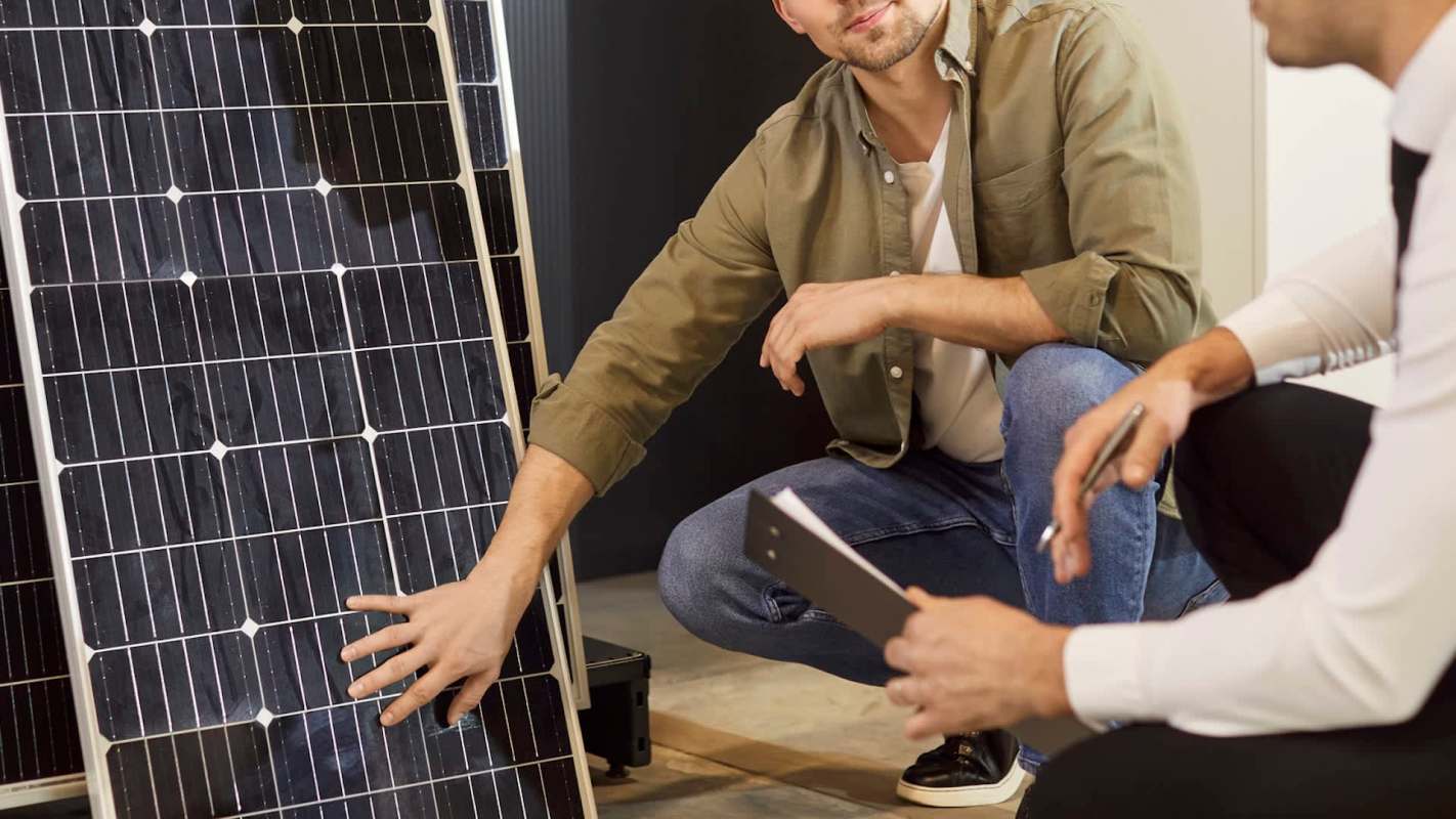 Two men examine a solar panel while discussing its features.