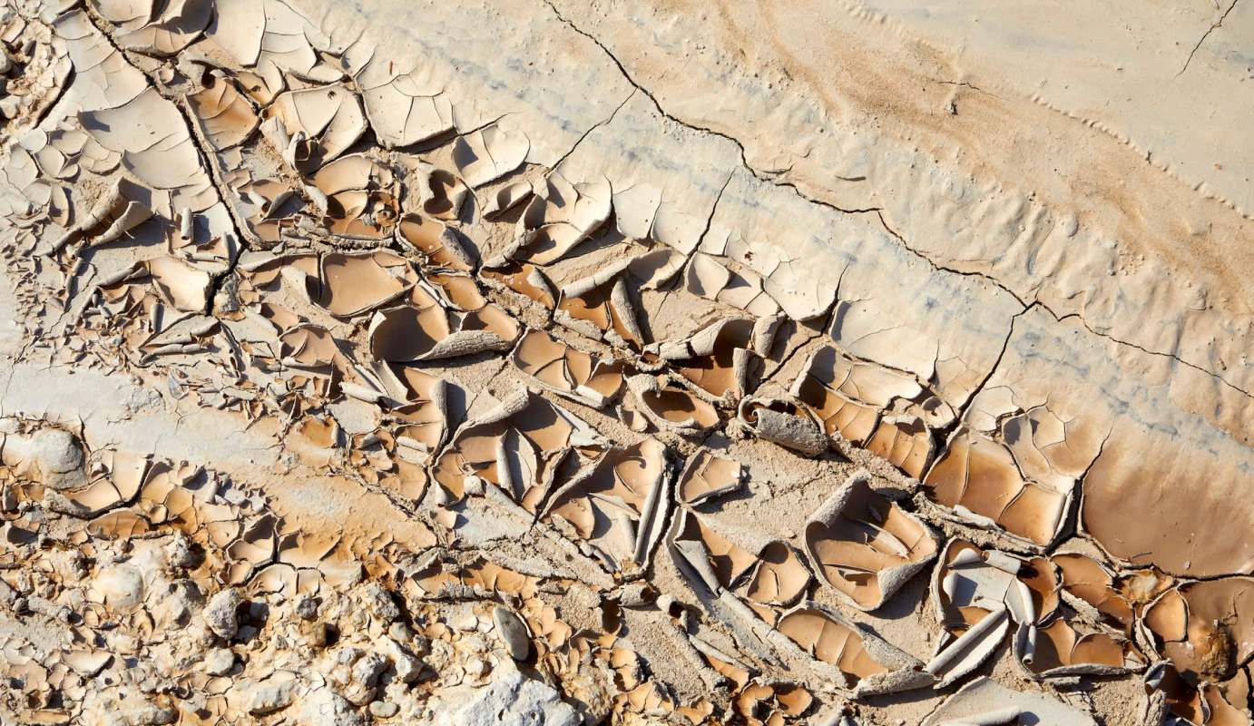 Cracked dry ground showcasing a mix of beige and brown clay textures.