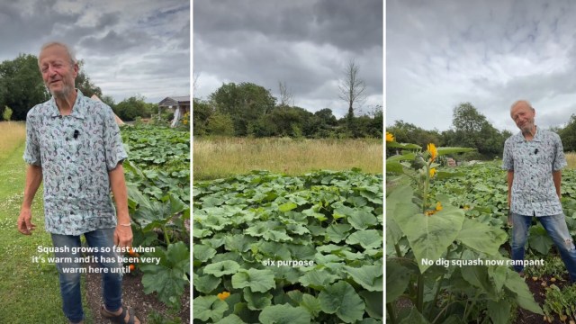 Charles Dowding showing off his squash plants.