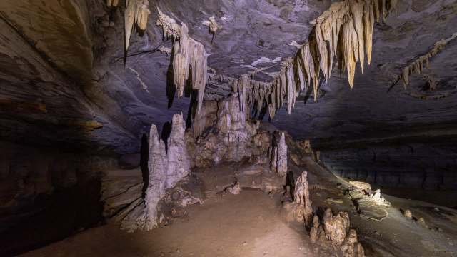 A dimly lit cave interior with stalagmites and stalactites.