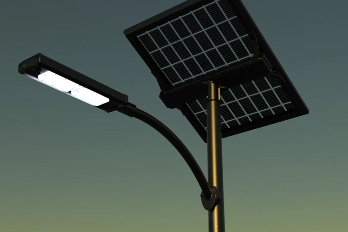 A solar-powered streetlight.