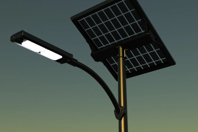 A solar-powered streetlight.
