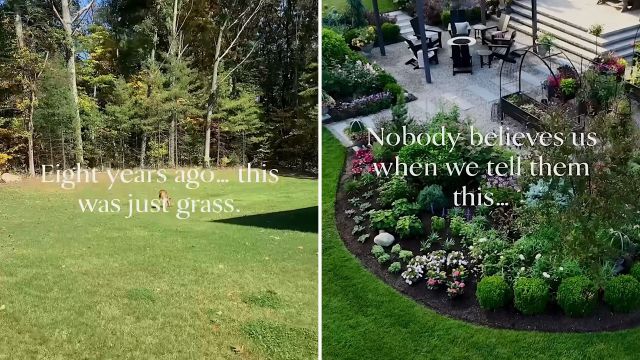 A split image showing a previously bare grassy area now transformed into a vibrant garden with flowers and seating.