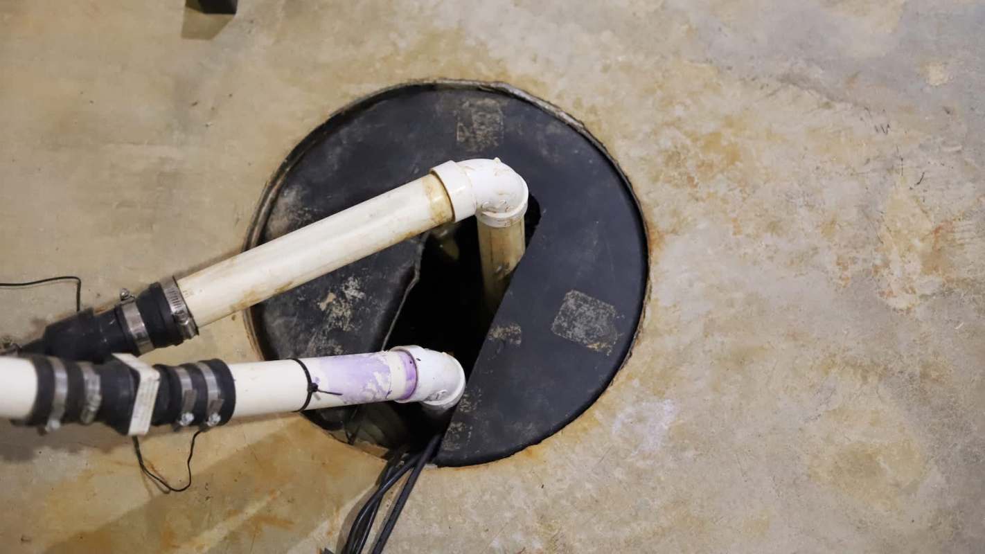 A view of a sump pump pit with two PVC pipes and a circular black lid on a concrete floor.