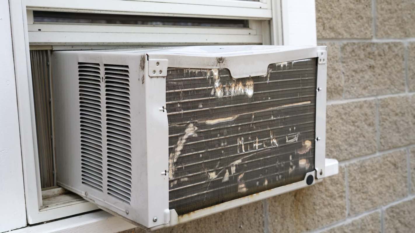 An air conditioning unit partially installed in a window, showing dirt and wear on the exterior.