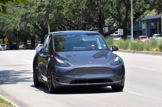 A gray Tesla Model Y driving on a tree-lined road on a sunny day.