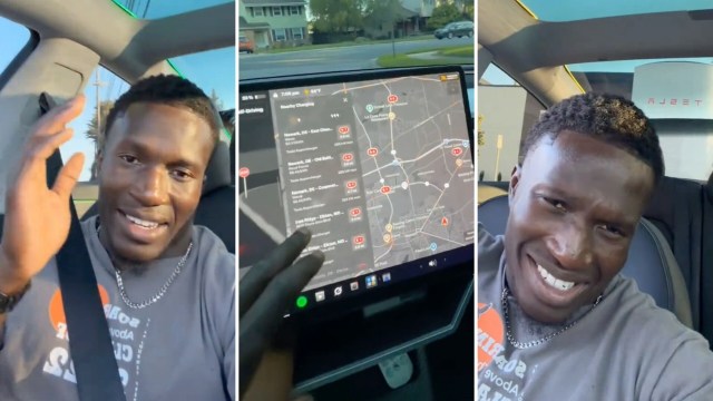 A man inside a car gestures toward a touchscreen displaying a map and nearby charging stations.