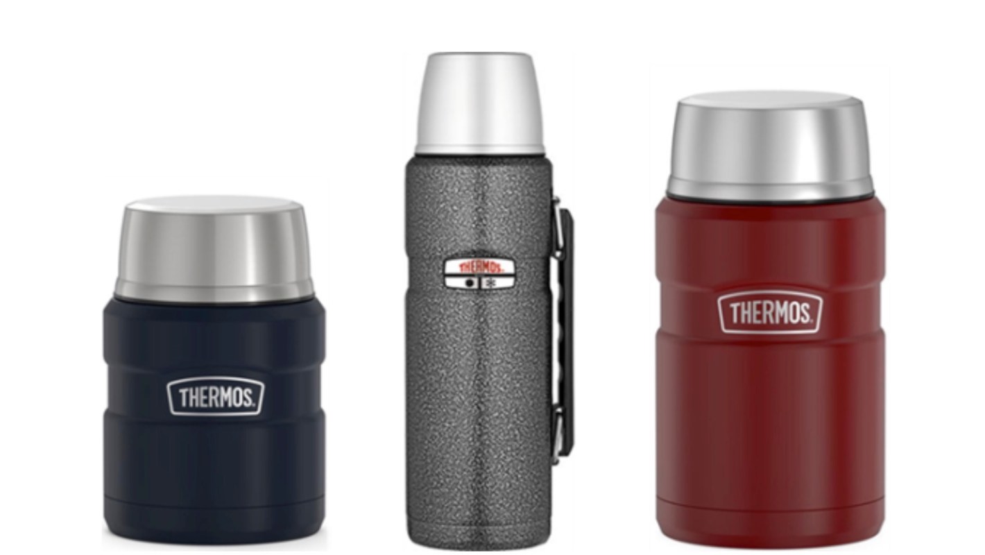 Three insulated Thermos brand thermoses in navy, gray, and red with metal lids, displayed side by side.