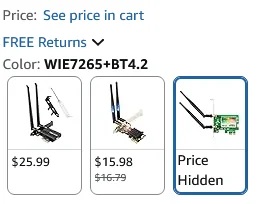 A web product listing with "price hidden" where the cost should be.