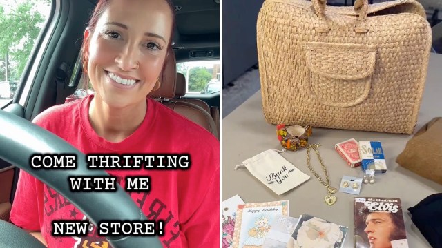 A woman smiles from a car, promoting a thrifting experience with a collection of vintage items displayed on a table.