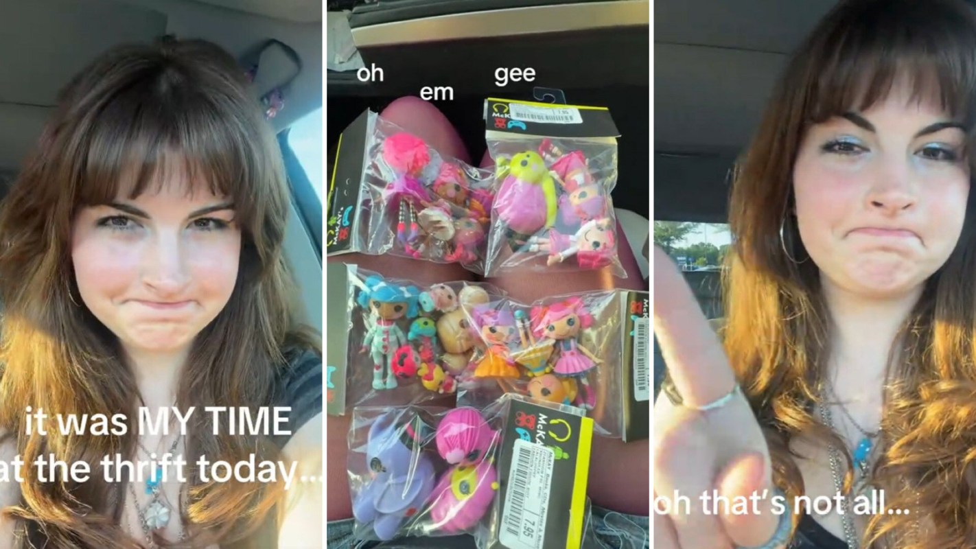 A thrifter showing off a haul of Lalaloopsy and Tokidoki.