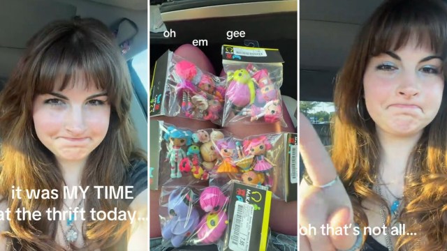 A thrifter showing off a haul of Lalaloopsy and Tokidoki.