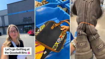 A woman is at a Goodwill outlet store, showcasing items like a bag and UGG boots in blue bins.