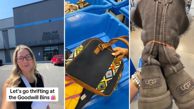 A woman is at a Goodwill outlet store, showcasing items like a bag and UGG boots in blue bins.
