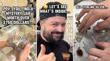 A person examines a mystery jar filled with jewelry, excitedly anticipating its value of over $750.