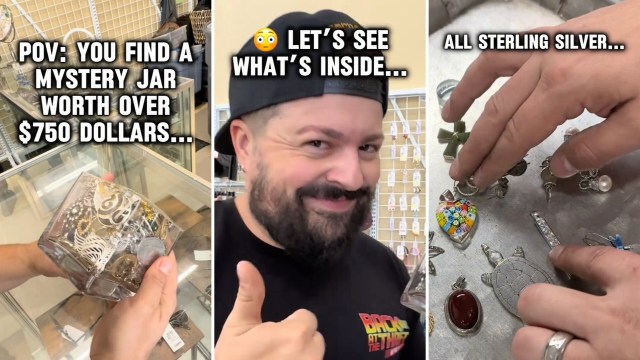 A person examines a mystery jar filled with jewelry, excitedly anticipating its value of over $750.