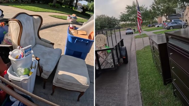 A collection of discarded furniture and household items displayed on a driveway, with a trailer in the background.
