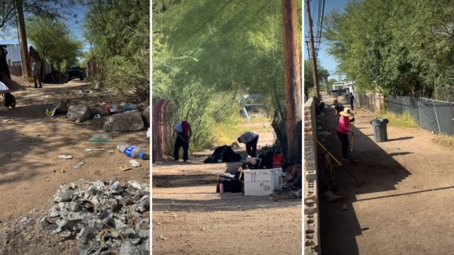 People cleaning up a littered alleyway.