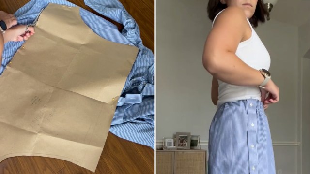 A person is cutting fabric with scissors while trying on a blue and white striped skirt.