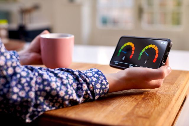 A woman checking her energy usage through an app.