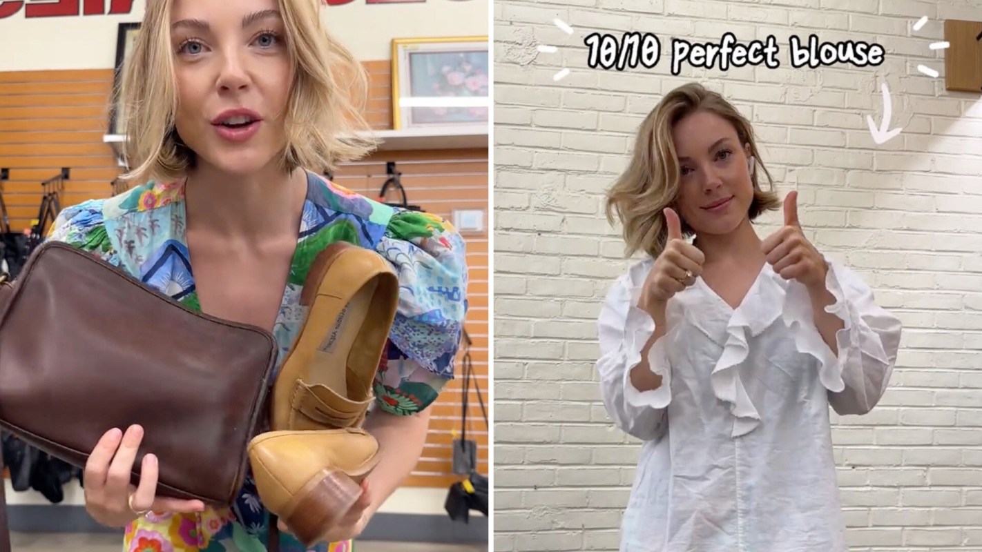 A smiling woman holds shoes and a handbag in one image, giving a thumbs-up for a blouse in the other.