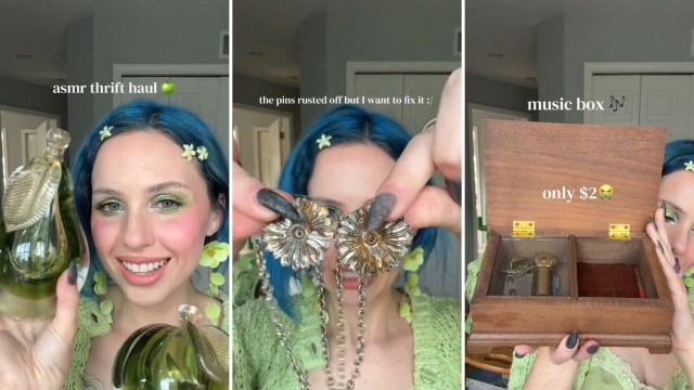 A person shows thrifted items, including a vintage perfume bottle and a music box.
