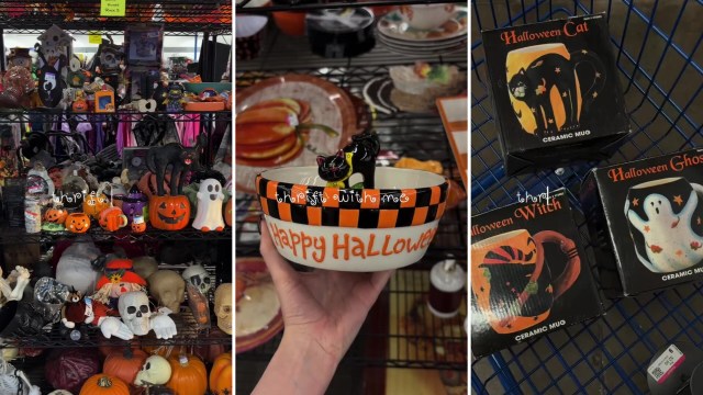 A collection of Halloween-themed items, including a black cat bowl and decorative mugs, displayed on shelves.