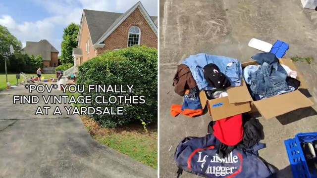 A yard sale scene featuring vintage clothing displayed on a driveway.