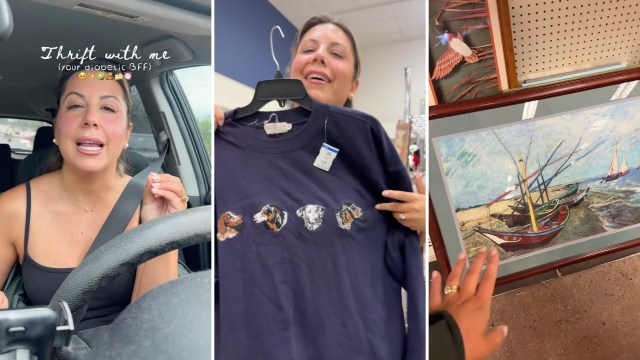 A woman in a car shares her thrift shopping experience, showcasing a dog-themed shirt and a boat painting.