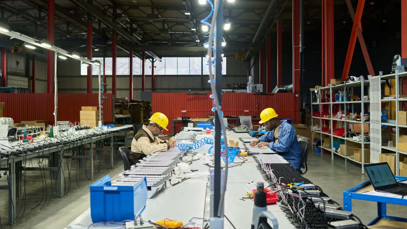 Two workers in yellow hard hats assemble electronic components at a long workbench in a factory setting.