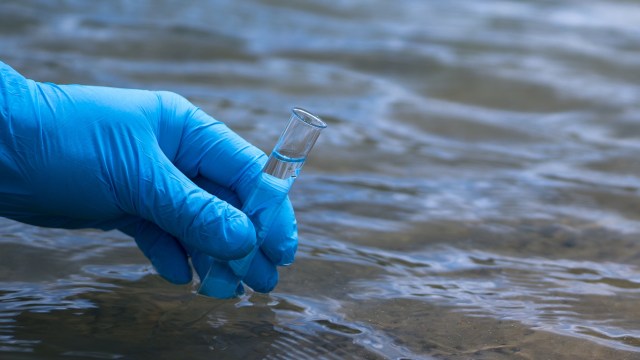 A person taking a sample from a body of water.