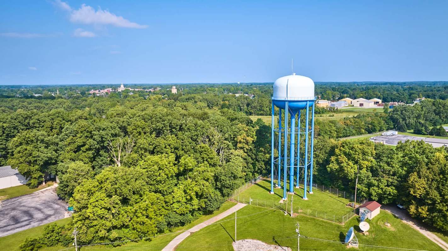A tall blue water tower surrounded by dense greenery and a distant view of buildings under a clear blue sky.
