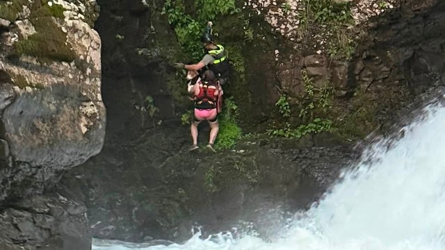 A rescuer assisting a person and a dog near a waterfall.