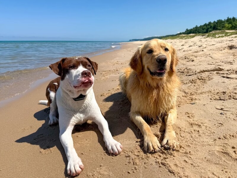 Two dogs sat by the water on a beach.